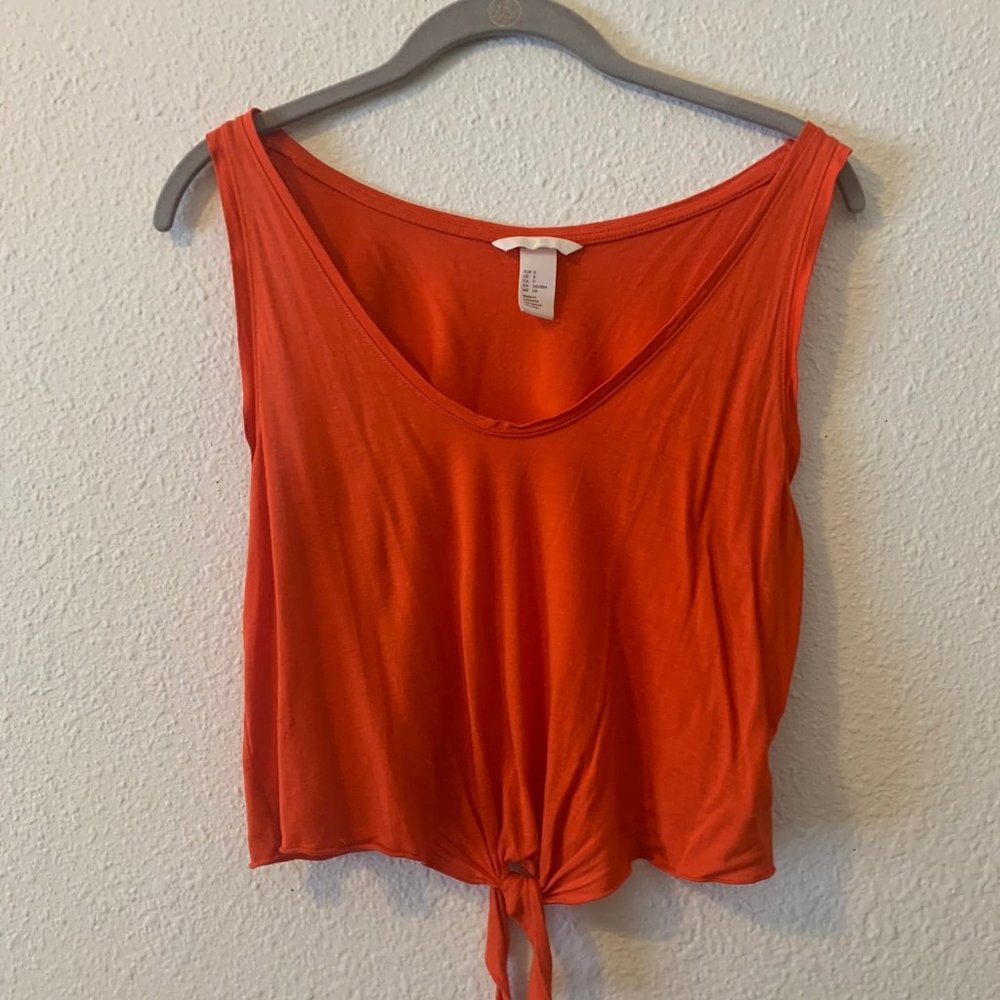 Burnt adobe red crop top w/knot at bottom.